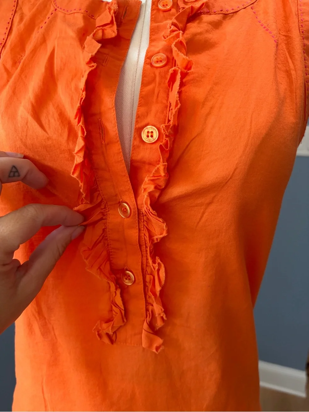 Tory Burch Orange 100% Cotton Ruffle Sleeveless Blouse Top Size 4